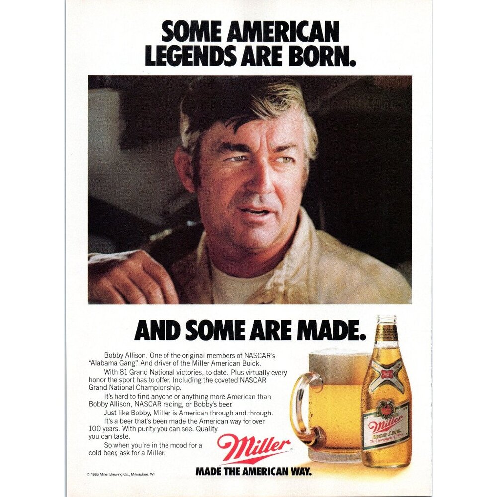 1986 Miller High Life Beer Vintage Print Ad Bobby Allison NASCAR Legend Wall Art